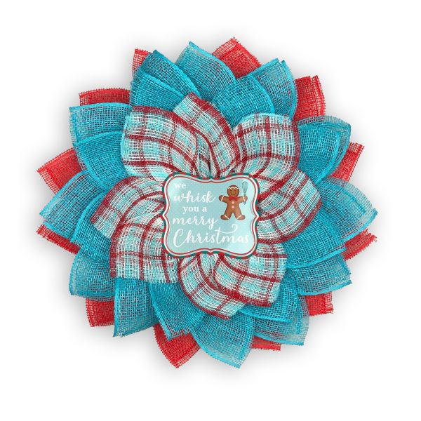 Plaid Accent Petals with Turquoise and Red Burlap - “We whisk you a Merry Christmas” Metal Center