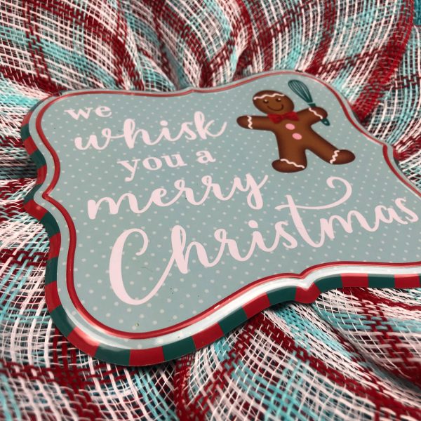 Plaid Accent Petals with Turquoise and Red Burlap - “We whisk you a Merry Christmas” Metal Center - Image 2