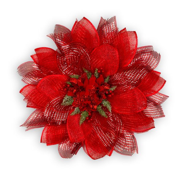 Metallic Deco Mesh Poinsettia Style with Evergreen and Fabric Poinsettia Accents