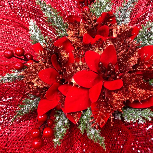 Metallic Deco Mesh Poinsettia Style with Evergreen and Fabric Poinsettia Accents - Image 2