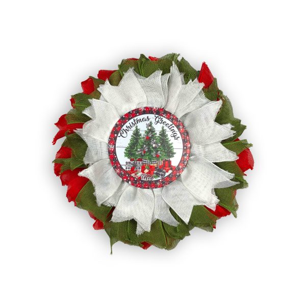 14” Diameter Burlap Ribbon Style with “Christmas Greetings” Center