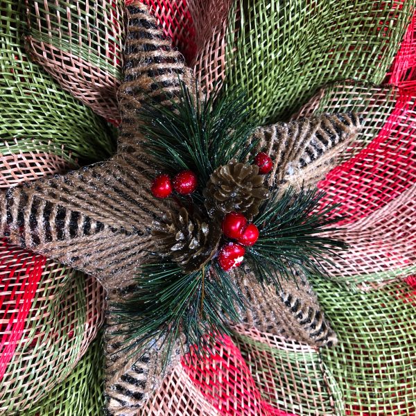 Olive Green, Red and Coordinating Plaid Burlap with Jute Covered Star with Evergreen Accent - Image 2