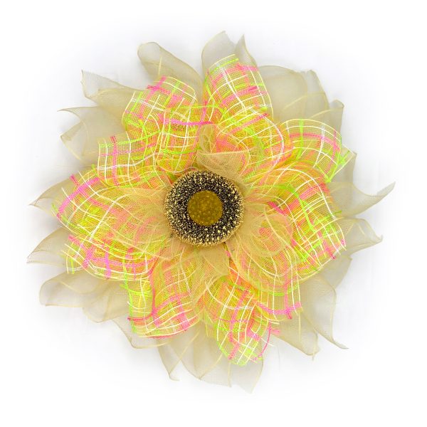 Deco Mesh in Yellow and Bright Pink Accents and Natural Sunflower Center