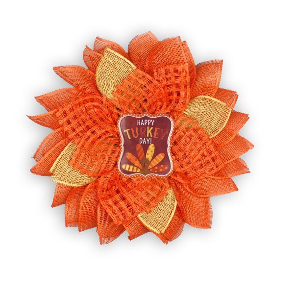 “Happy Turkey Day” with Orange and Yellow Burlap Petals