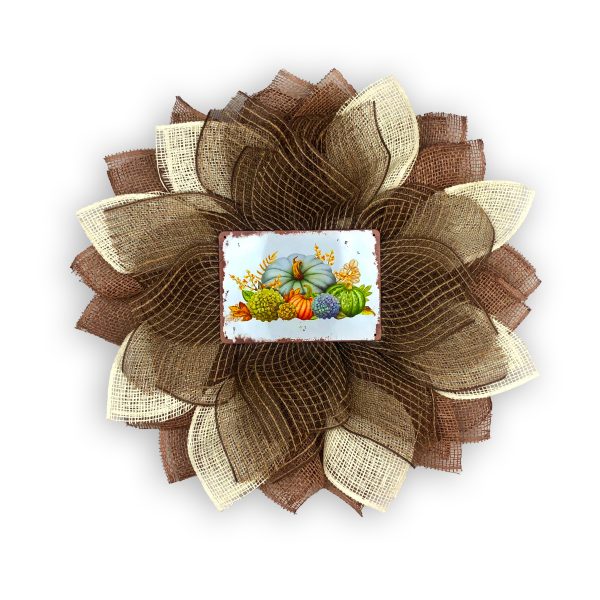 Brown and Natural Burlap and Deco Mesh Petals with Multicolor Pumpkin Center