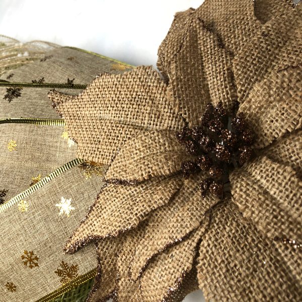 Burlap and Deco Mesh Petals and Coordinating Gold Flecked Ribbon and Burlap Poinsettia Accents - Image 2