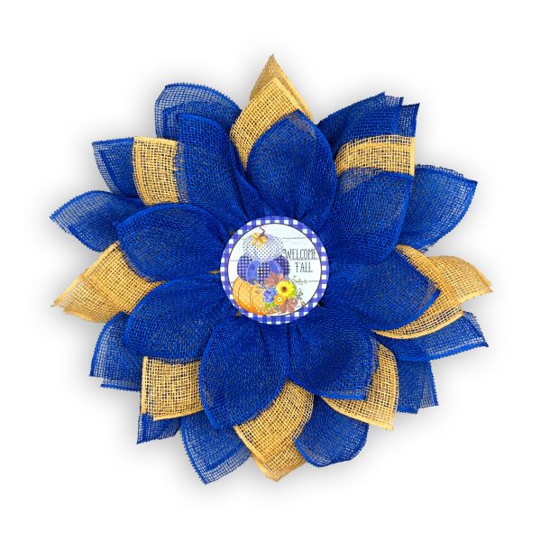 “Welcome Fall” Center with Matching Blue and Yellow Burlap Petals