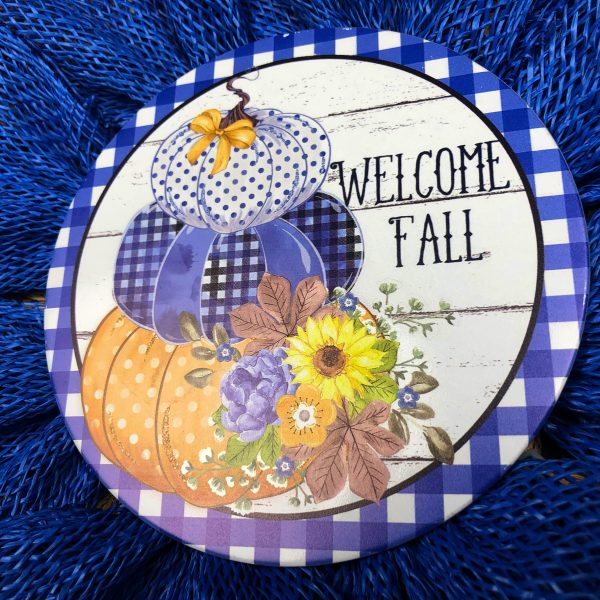 “Welcome Fall” Center with Matching Blue and Yellow Burlap Petals - Image 2