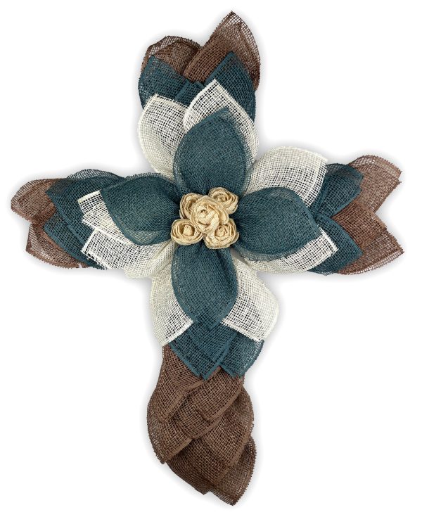 Natural Brown, Dusty Blue and Cream Cross - Cream Burlap Rose Center