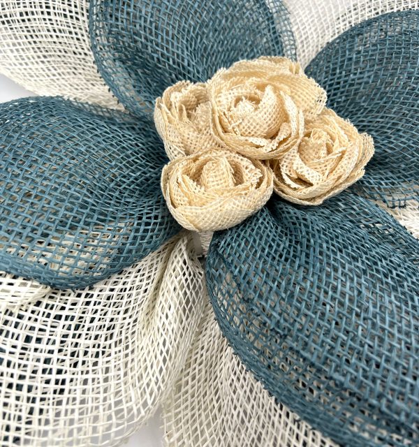 Natural Brown, Dusty Blue and Cream Cross - Cream Burlap Rose Center - Image 2