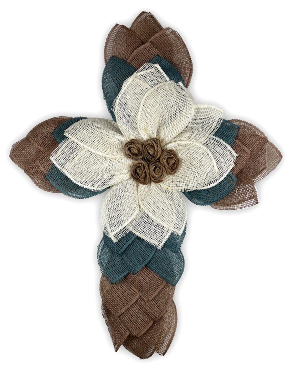 Natural Brown and Dusty Blue Cross - Brown Burlap Rose Center