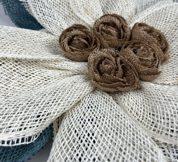 Natural Brown and Dusty Blue Cross - Brown Burlap Rose Center - Image 2